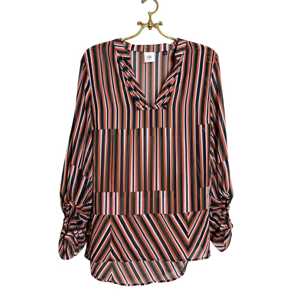 Cabi Women's Striped Blouse‎ Top Size M Orange Green Black White Sheer